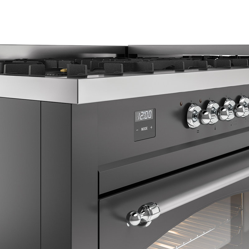 ILVE Nostalgie II Series 60 inch Dual Fuel Range with 9 Sealed Burners, Griddle (Glass Door), Graphite Matte/Chrome