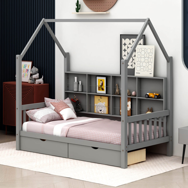 Antiope Kids Bed with Storage Shelf, Twin , Gray