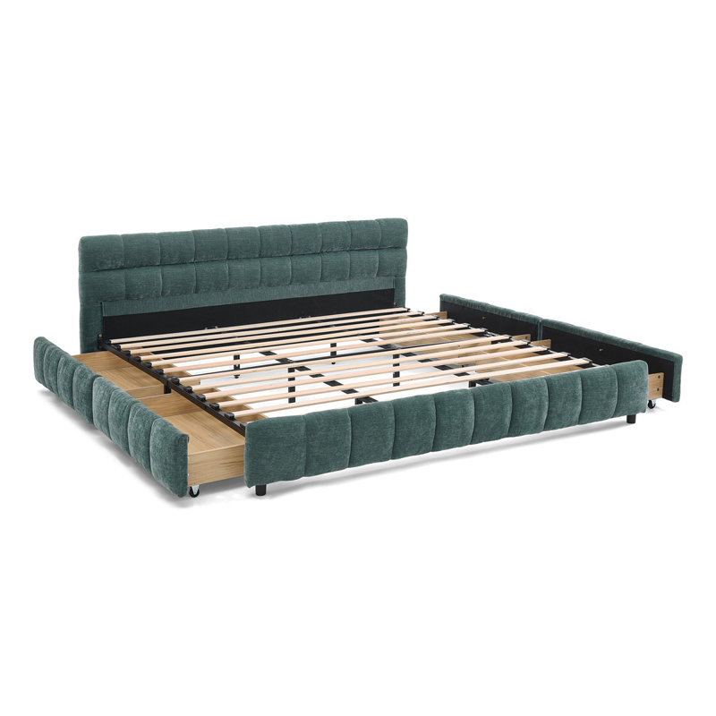 Lit tapissier de taille Hosea, base de lit tapissier confortable, tissu chenille, avec tête de lit et base de lit solide. Avec tiroir pour le rangement - bleu-vert (90,5 po x 80,5 po x 31 po)