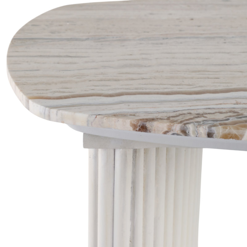 Accent Table Wood Travertine Stone Mango Fluted Base Curved Legs Modern Design Sculpted Frame Contemporary Style Vertical Detailing Rounded Edges Smooth Surface Minimal Structure