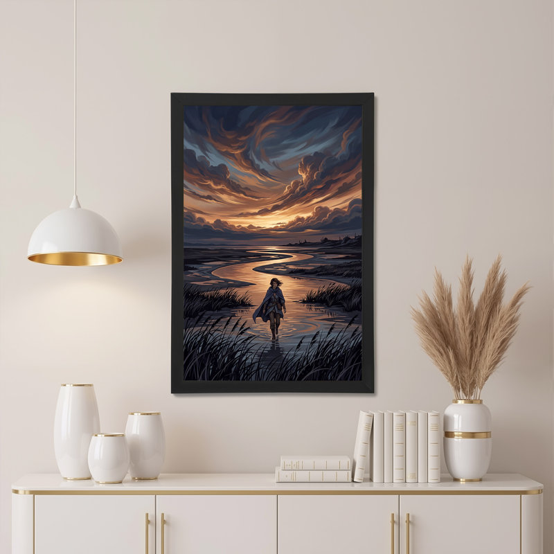 " Blue Cloaked Figure Walking Through Winding River Sunset " Painting, 36"H x 24"W