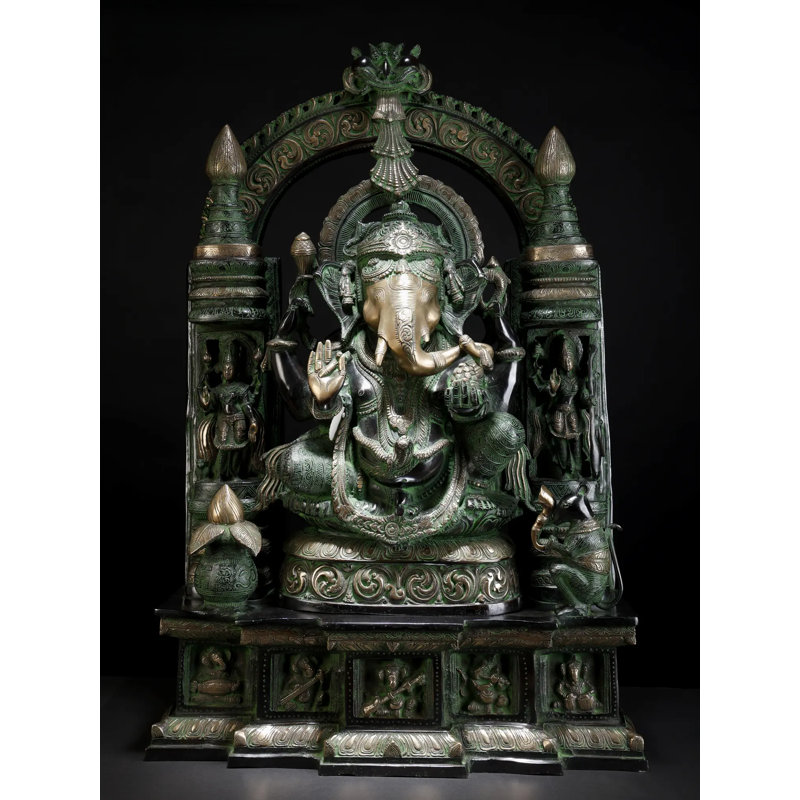 33" Large Temple Ganesha Brass Sculpture - Handcrafted Indian Chaturbhuja Statue with Musical Base & Divine Goddesses for Home Temple & Living Room Decor