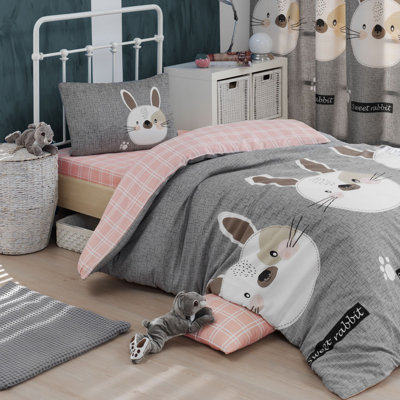 Ensemble de housse de couette simple Elegant, 55 x 79, gris, brun, blanc et rose | 65% coton / 35% polyester, 120 fils | Lavable à la machine, housse de couette et enveloppe à fermeture à boutons | Literie élégante et confortable