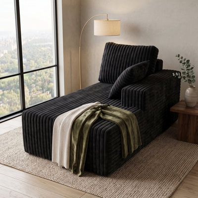 Right-Arm Modular Foam Lounge Chair with Ribbed Flannel Upholstery and Pillow