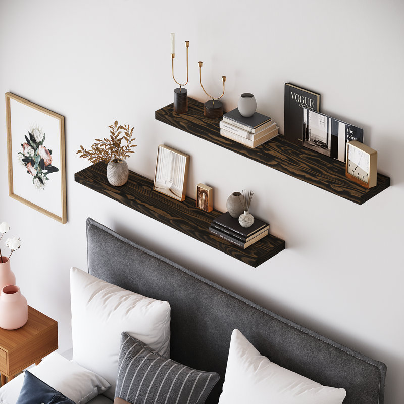 Jorgensen 2 Pieces  Pine Solid Wood Floating Shelves for Wall Decor, Kitchen, Bathroom, Workspace, Thick, Dark Brown