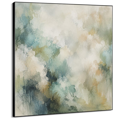 Impression sur tissu grand format - Motif abstrait doux vert sauge, bleu et beige pour salon ou chambre - « Assemblage du cadre requis (cadre non fini) »