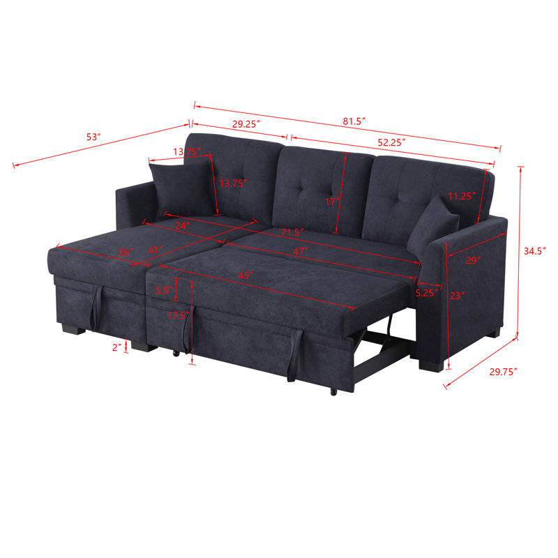 L-Shaped Sleeper Sofa Reversible Couch Pull Out Couch With Storage Chaise, Dark Gray Linen