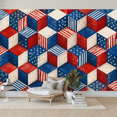 Papier peint adhésif autocollant à motif géométrique patriotique à rayures rouges, blanches, bleues, autocollant, amovible, mural pour salon, chambre à coucher H 100 po x l 144 po