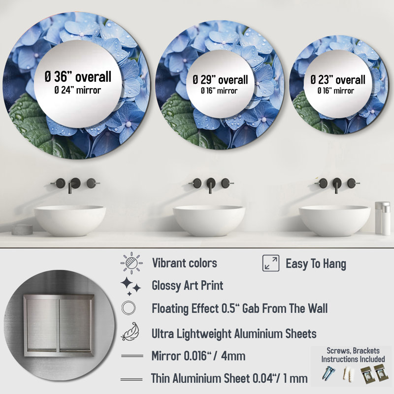 Blue Green Hydrangea Blooms Heaven - Floral Round Mirror Wall Decor, 23" x 23"