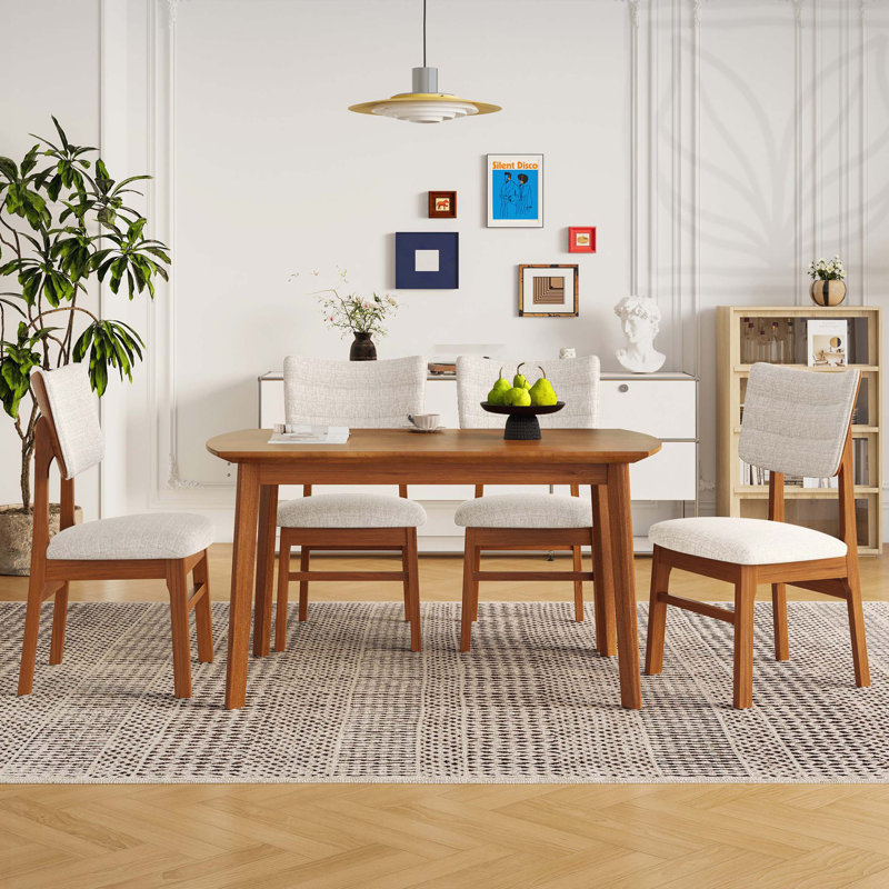 Ensemble de 4 chaises de salle à manger rembourrées ergonomiques de style Mid-Century moderne avec structure en bois d'hévéa robuste, chaises de cuisine antidérapantes pour la salle à manger, la cuisine, le café, beige et brun