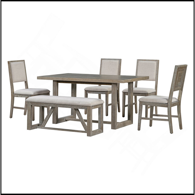 6-Piece Retro Dining Table Set For 6, 60" Wood Kitchen Table And Chairs Set Of 4 With Bench Designed Trestle Base For Kitchen & Dining Room (Grey)
