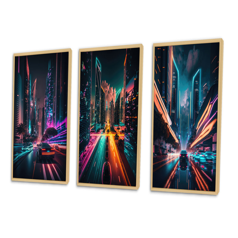 «Futuristic Miami Neon Art», 3 pièces sur toile, Naturel, H 20 po x l 36 po