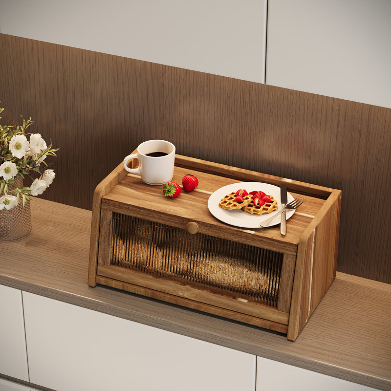 Boîte à pain pour comptoir de cuisine en bois d'acacia avec fenêtre en acrylique Contenant à pain grande capacité