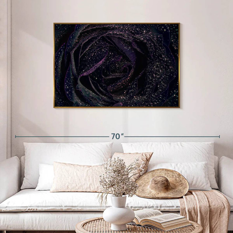 Rose noire scintillante, Cadre flottant doré, 43 po x 29 po