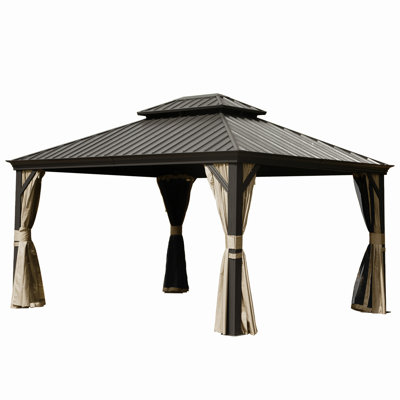 Pavillon de jardin extérieur permanent à toit rigide 10 'x 14' avec double toit en acier galvanisé, structure en aluminium, rideaux et filet pour la pelouse et le jardin