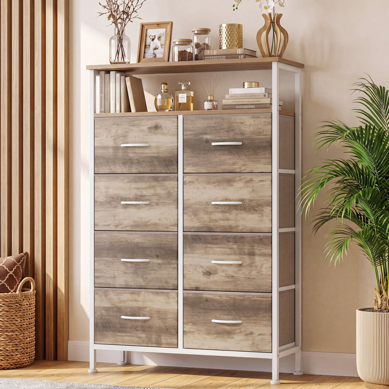 Commode en tissu pour chambre à coucher avec tablettes ouvertes, commode haute avec 8 tiroirs, tour de rangement, commode pour placard