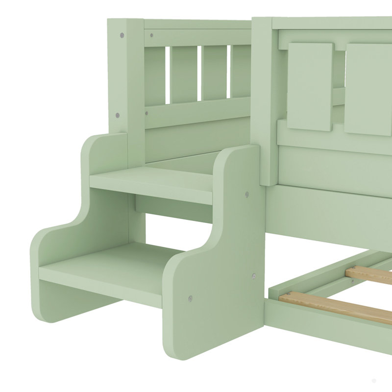 Wooden Bed With Built-In Bookshelves And Trundle, Avocado Green, Full