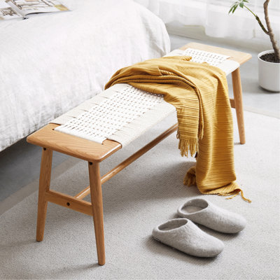 Natural Oak Wood Dining Bench Bed Bench For Dining Room, Bedroom, Bathroom (White)