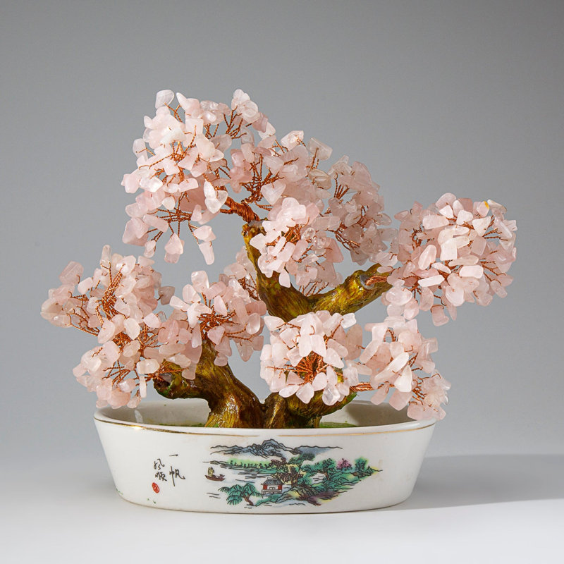 Véritable bonsaï quartz rose en pot ovale en céramique (7 po)