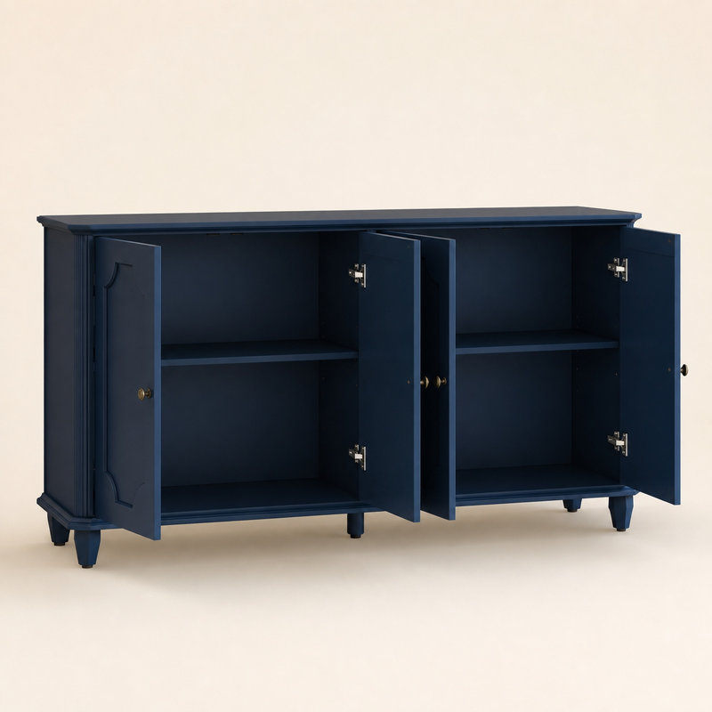 Buffet de style champêtre de 160 cm avec 4 portes cintrées décoratives, dosseret de rangement bleu vieilli, Bleu