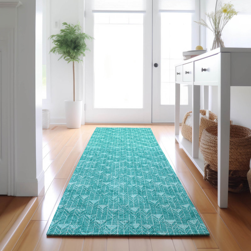 Premium Machine Washable Cerrito AMF514 Teal Rug, Runner 2'3" x 7'6"