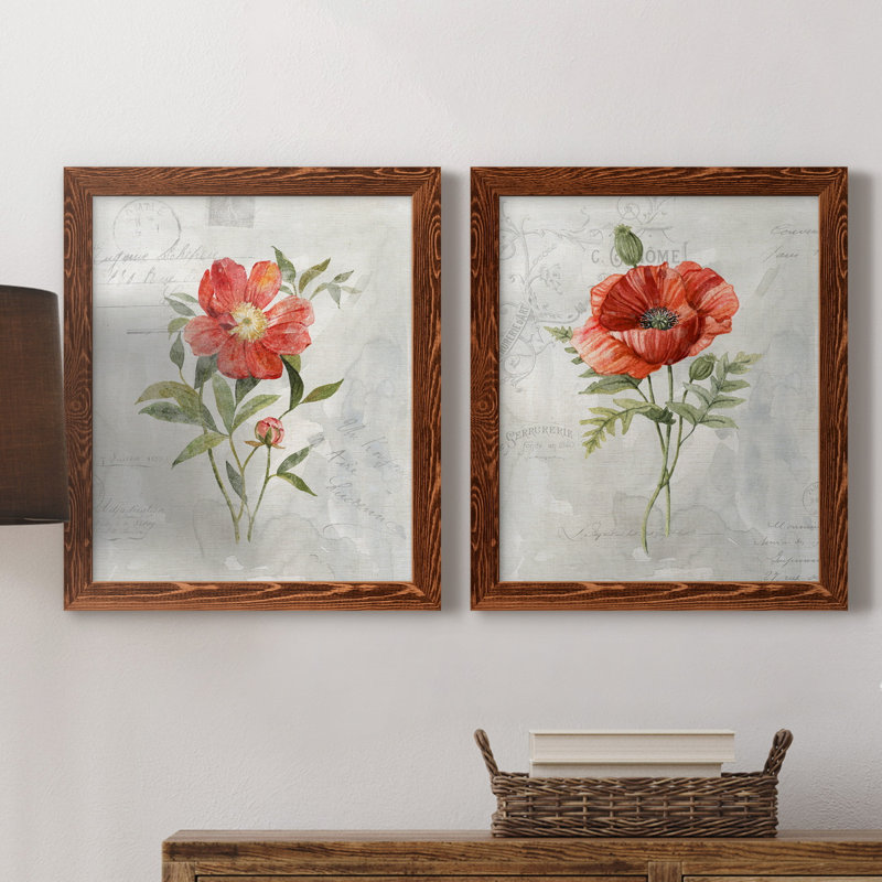 Lin pivoine - ensemble de 2 reproductions d'art, H 20 po x l 17 po x P 1 po, Toile avec cadre érable, Pas de tapis