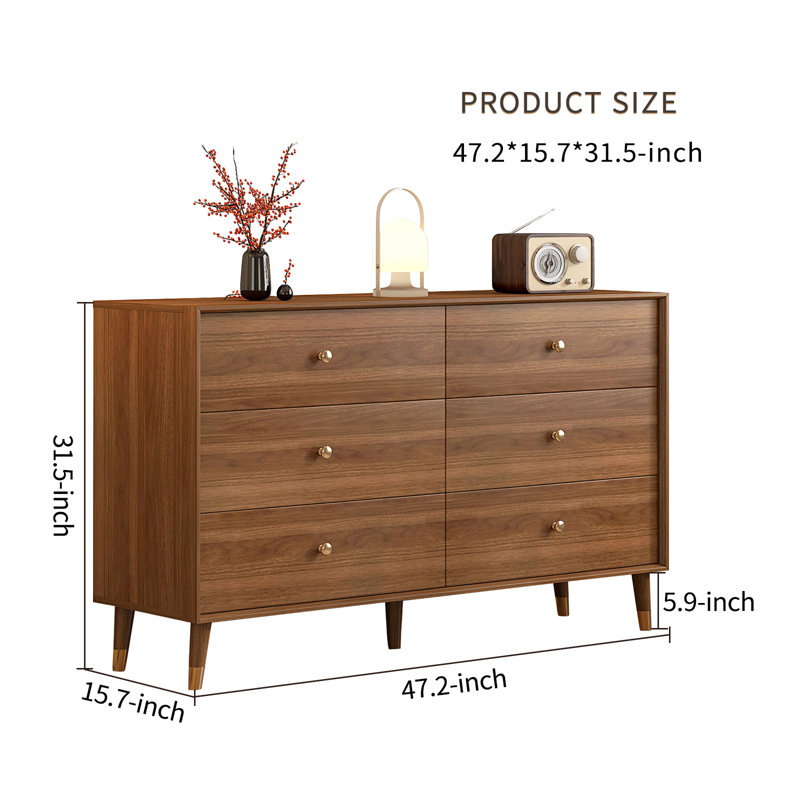 Commode 6 tiroirs pour chambre à coucher, commode moderne Mid-Century de 47 po pour garde-robe, commode en bois avec texture naturelle et fentes pré-intégrées pour meuble télé, salon, couloir, bureau