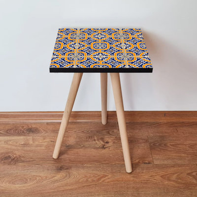 Stylish Side Table with Beech Wood Legs, 13.8 x 16.5 x 13.8 inches | 100% MDF, Ethnic Geometric Design in Orange, Navy Blue & White | Ideal for Living Room, Bedroom & Modern Decor, Compact & Functional