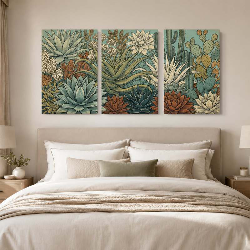 «Succulents and Cacti in Vintage Botanical Illustration», ensemble de 3 toiles murales, H 18 po x l 12 po x 3 pièces