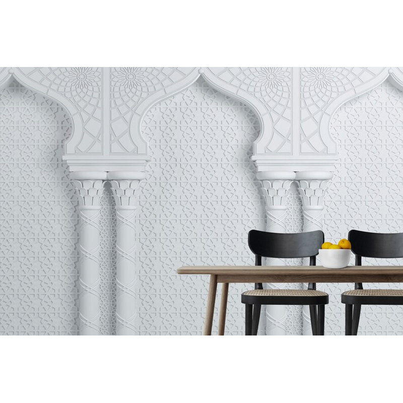 Panneau mural blanc en forme d'arche marocaine - Motif géométrique classique en relief, 96" L x 108" W