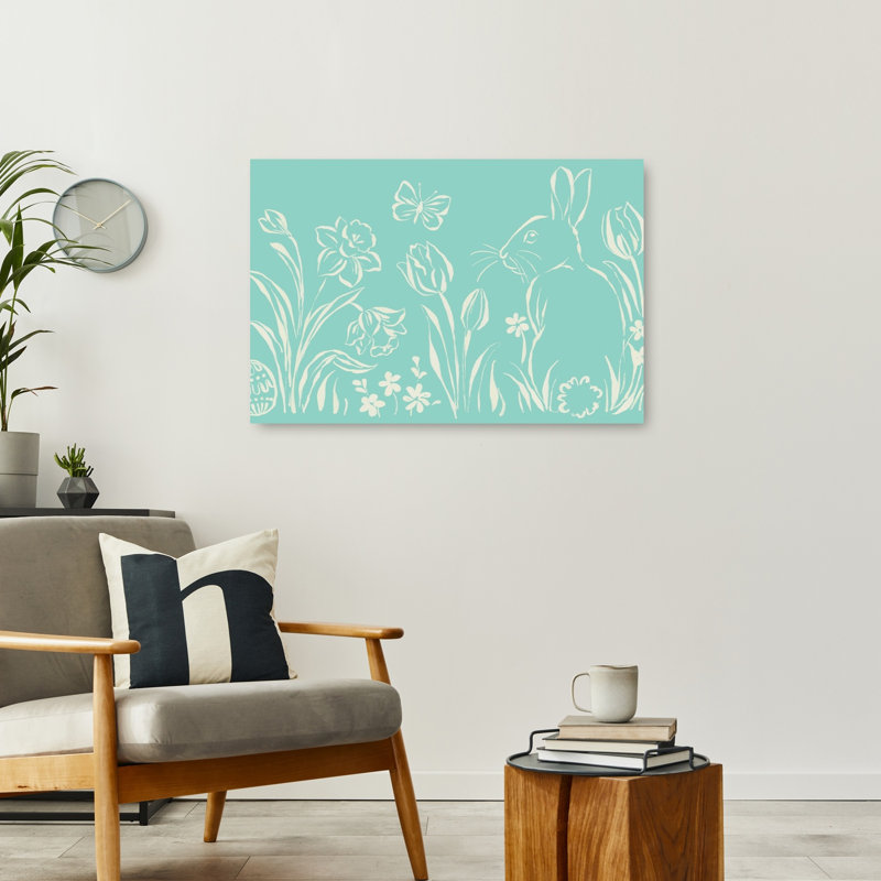 Art mural printanier sarcelle, papillon et jonquille, 24" H x 36" W