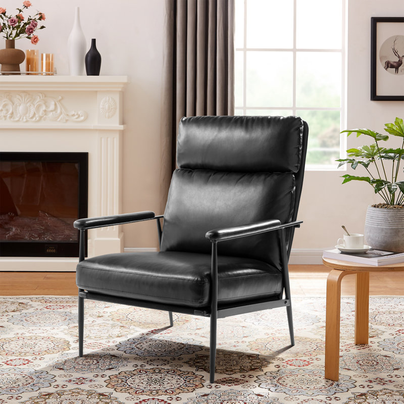 Fauteuil Mid-Century moderne en similicuir avec dossier haut et accoudoirs rembourrés, Black Faux Leather