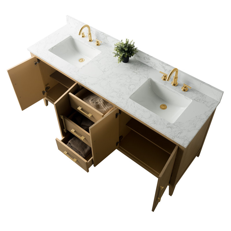Chambery 72" Double Sink Bathroom Vanity with Engineered Marble Top, Brushed Gold, Natural Oak