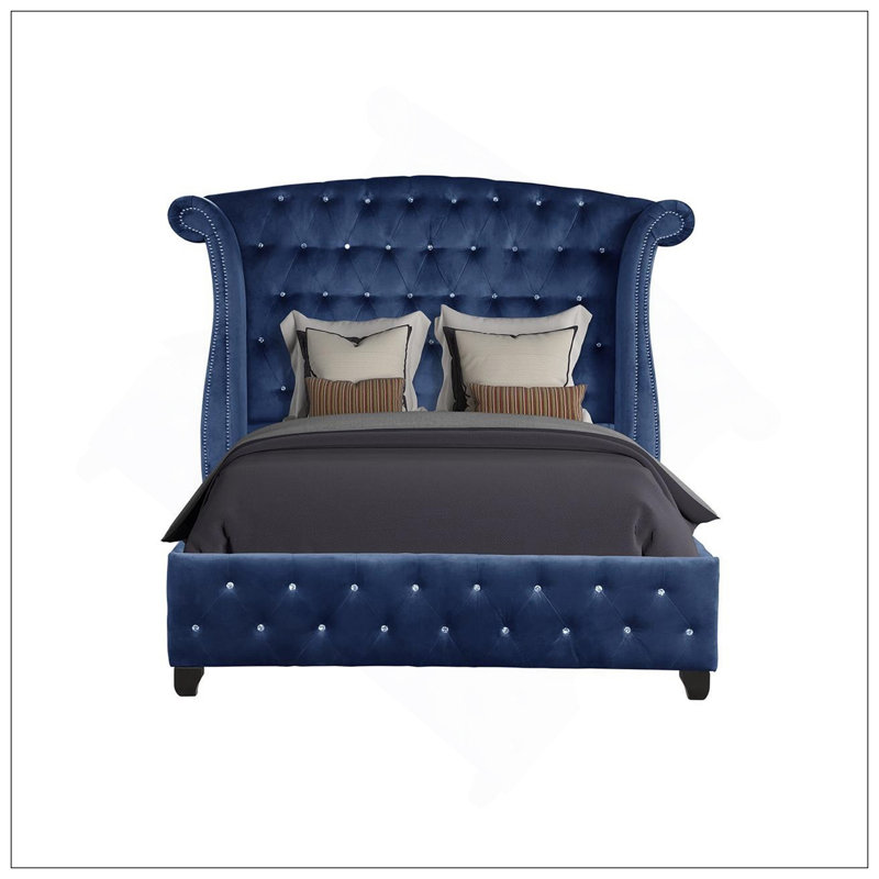 Grand lit en tissu de velours capitonné en cristal de style moderne fabriqué en bois en bleu