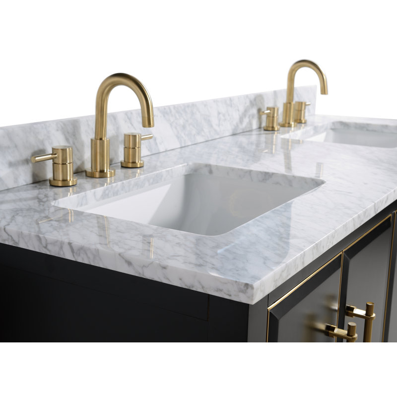 Mason 60" Double Bathroom Vanity with Carrara Marble Top, Matte Gold, Black, Carrara White