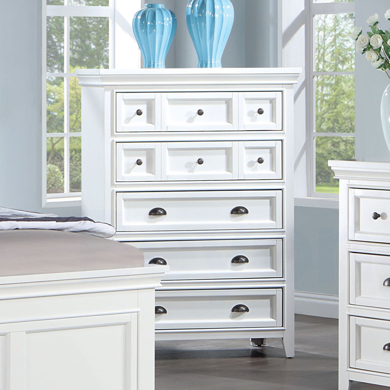 Commode de style transitionnel 1pc Commode à finition blanche 5 tiroirs avec poignées rondes et glissières à roulement à billes