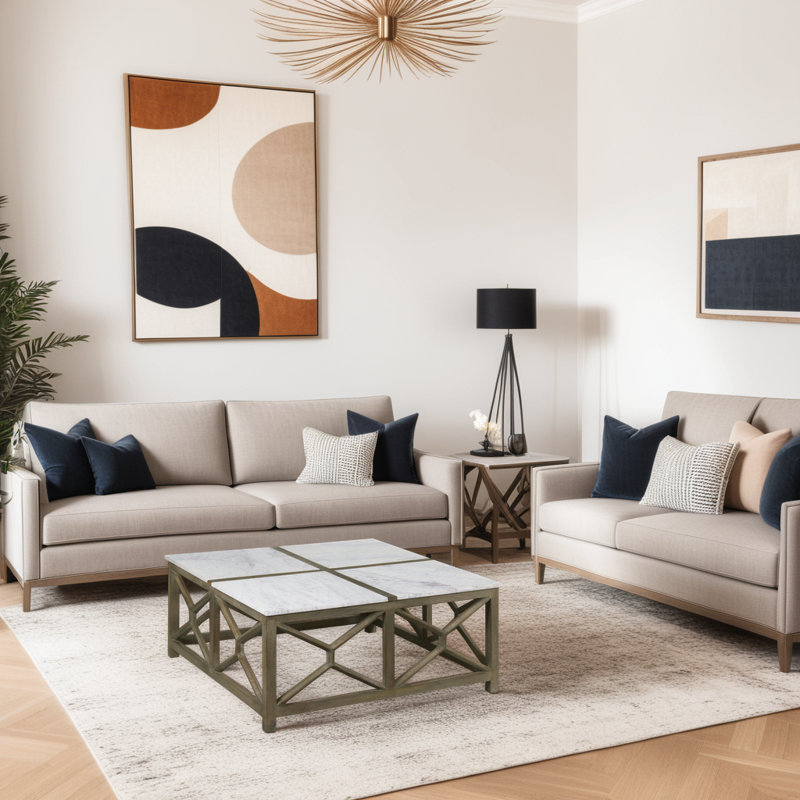 Karlotte Coffee Table, 40 Inch Square White Genuine Marble Top, Sandblasted Washed Ash Gray Mango Wood Geometric Frame