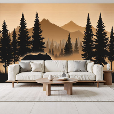 Papier peint adhésif à peler et coller en forme de famille d'ours en forme de forêt au lever du soleil, montagne, toile de fond H 69 po x l 96 po, papier peint amovible en PVC, adhésif pour décor de chambre à coucher
