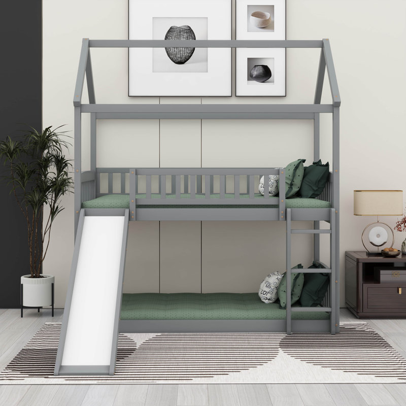 Lit superposé avec glissière et échelle convertible, Gris