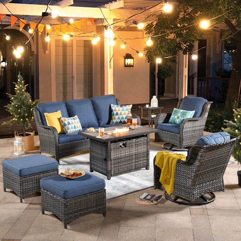 Cracraft Patio Furniture Set with Swivel Rocking Glider Chairs, for Patio, Deck, Backyard, and Front Porch, Blue, Gray, Yes