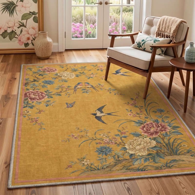 Tapis floral orange / bleu lavable à la machine avec envers antidérapant, Rectangulaire 8 pi x 10 pi