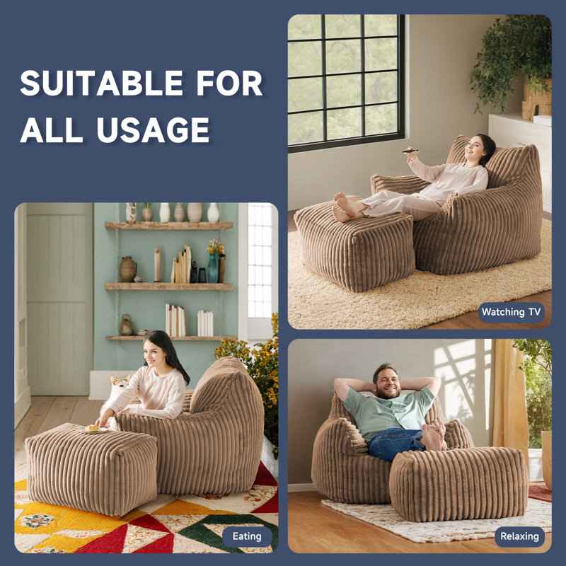 Large Corduroy Compression Bean Bag Chair with Ottoman Memory Foam Lazy Floor Sofa, Khaki Polyester Blend