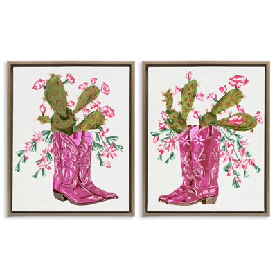 Cactus in Pink Cowgirl Boots 2 PC Framed Floater Canvas Set by Melissa Wang