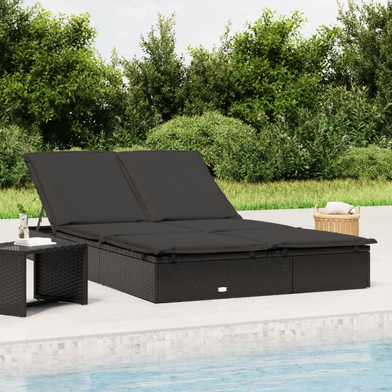 Latitude Run® 2-Person Sunbed With Cushions Poly Rattan, Black, Black