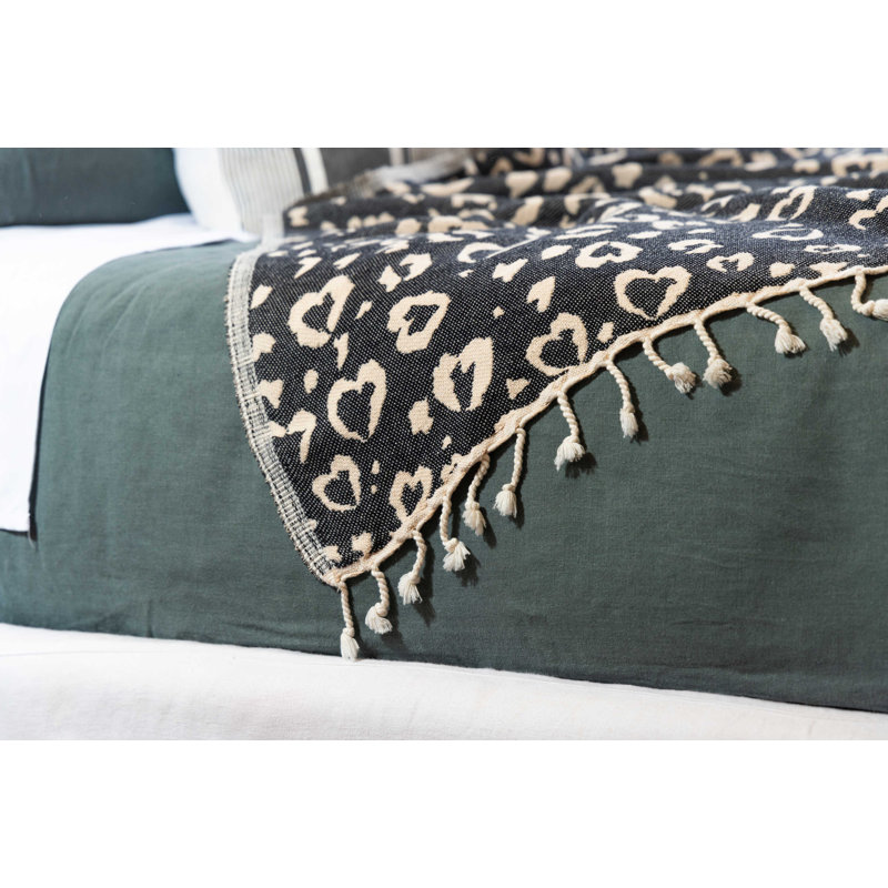 Jeté pour canapé ou canapé Antalya Leopard Heart Turkish, en coton biologique doux, toutes saisons, 74 po x 54 po, Noir