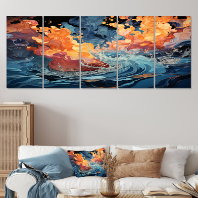 «Orange and Blue Abstract Rolling Tides - Abstract Modern Waves», art mural 5 pièces