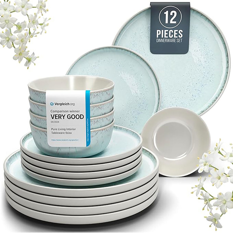 Beige and Light Blue Ceramic 12-Piece Dinnerware Set for 4