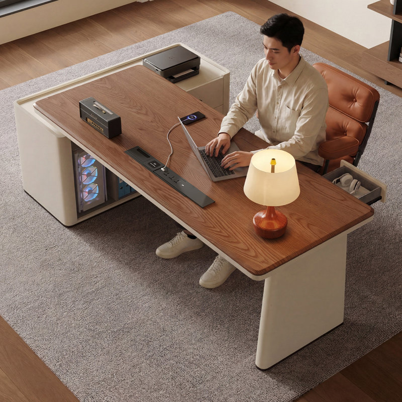 Bureau de direction en placage de noyer avec armoire de rangement gauche et prise de courant, 29.92"H*62.99"W*27.56"D