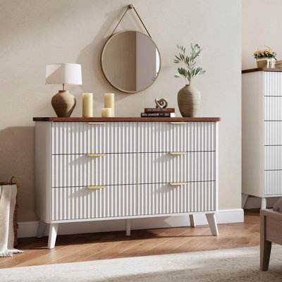 47.2" Fluted Dresser with 6 Deep Drawers, Curved Wooden TV Stand for Living Room & Bedroom