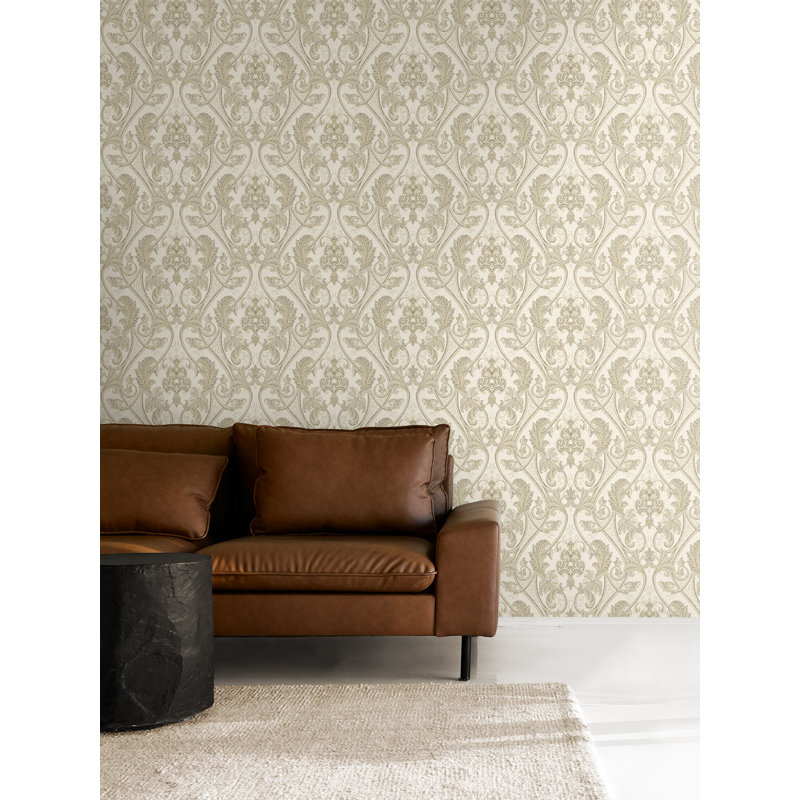  Papier peint à motif damas Longthorpe ivoire et crème, Ivoire métallique/ crème